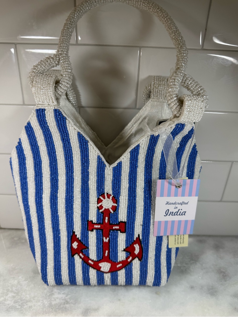 NEW RELEASE Made In India Beaded Anchor Bag Blue & White Red Nautical NWT